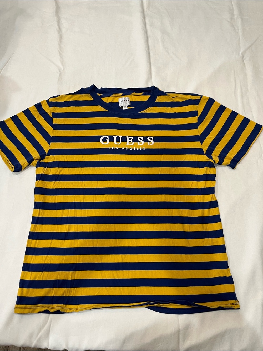 GUESS Yellow & Navy Striped Logo Tee